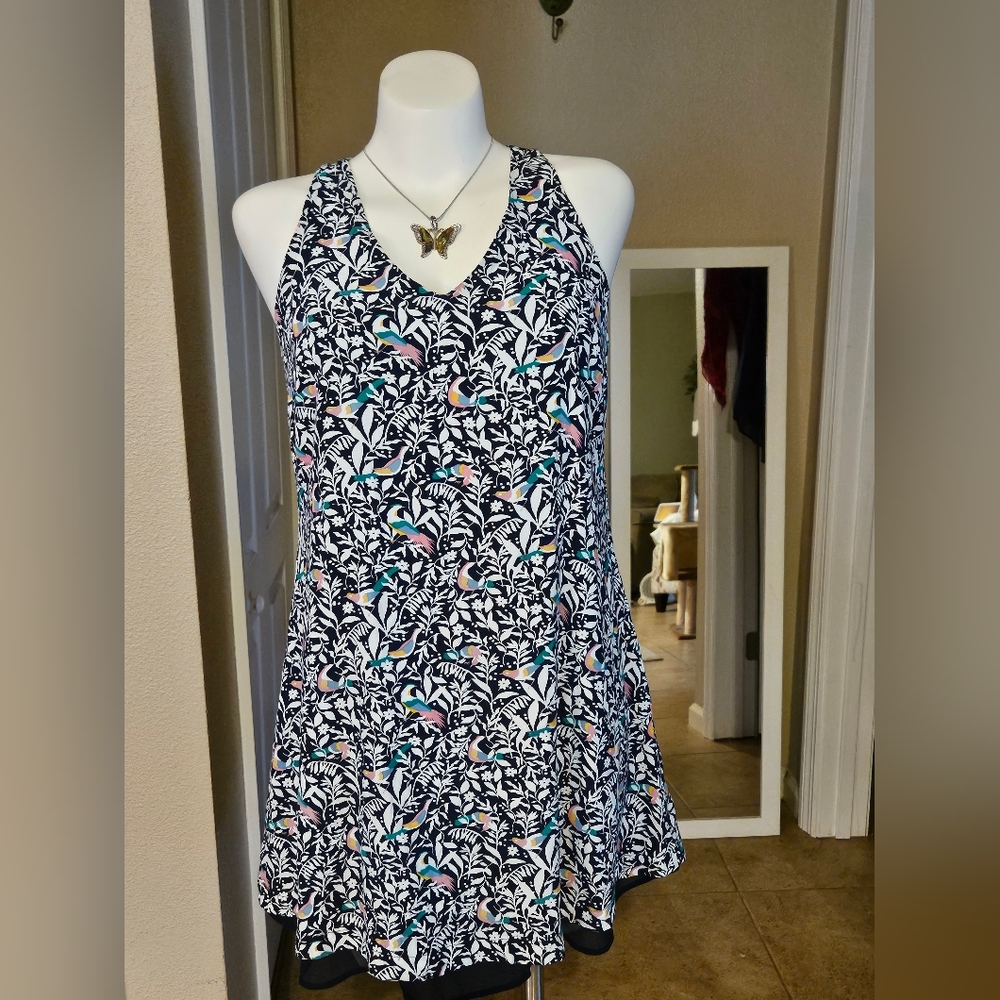 LOFT Criss Cross Back Swing Dress Sleeveless Mini Bird Print